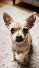 Curious Chihuahua dog looking up with big eyes, a wide-angle portrait