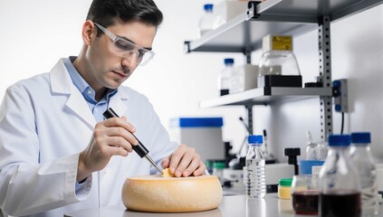 Scientist in a lab meticulously inspecting a wheel of cheese for quality control