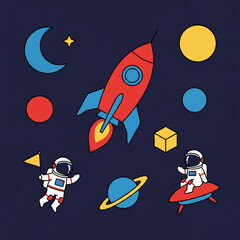 Cute Cartoon Space Exploration Set with Astronauts, Rocket Ship, Planets, and Stars on a Dark Blue Background - Flat Vector Illustration for Kids' Design