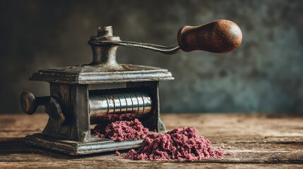 Vintage Metal Food Grinder with Crushed Ingredient on Wooden Table Surface