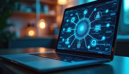Laptop screen shows artificial intelligence concept interface. Digital network of data, tech icons visualize machine learning, computing. Modern device for future innovation, information security,