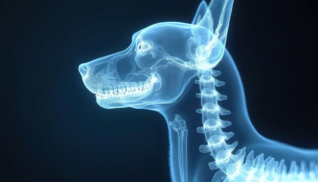 X-ray of a dog head and spine. Shows detailed bone structure, teeth, and vertebrae. Medical blue light glows on the dark background. Canine anatomy visual.