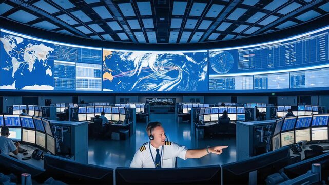 An airline captain in a high-tech command center points at a digital map on a large screen, coordinating a flight operation