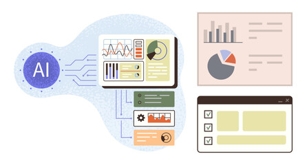 AI module with data charts, metrics, and checklists connected to analysis dashboards. Ideal for technology, data management, automation, efficiency, innovation, visualization and productivity
