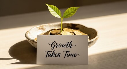 Small plant growing from gold coins symbolizing investment and growth