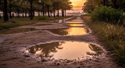 Sunrise Reflections in Puddles on a Dirt Road Through Palm Trees