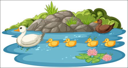 “Duck Family Swimming in Pond with Ducklings and Lotus Flowers”