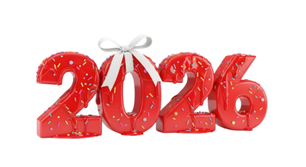 Red 2026 numbers with white bow isolated on transparent background