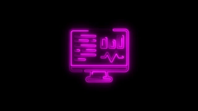 Neon Pink Computer Monitor with Charts Icon on Black Background screen data
