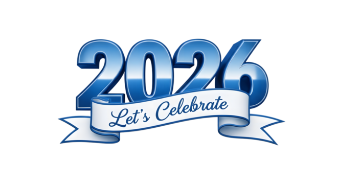 2026 let s celebrate blue metallic numbers isolated on transparent background