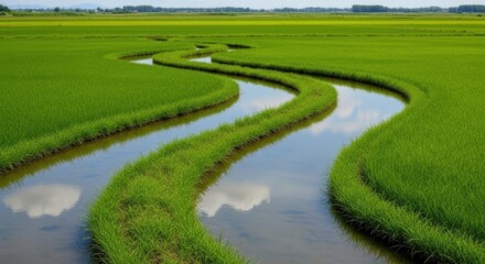 Winding green rice fields with water flowing through the landscape