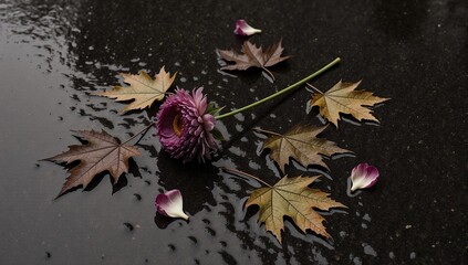 Poetic scene of a fallen purple flower and autumn leaves on a wet, dark surface after rain.