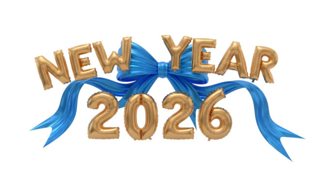 Golden new year 2026 text with blue ribbon isolated on transparent background - Powered by Adobe