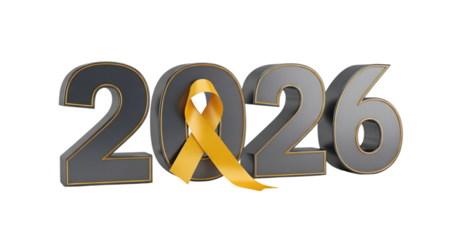 Year 2026 with yellow ribbon isolated on transparent background