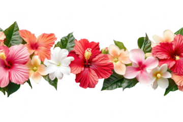 Colorful tropical flowers border isolated on a transparent background