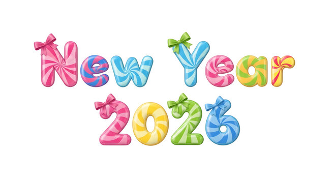 Colorful candy new year 2026 text isolated on transparent background
