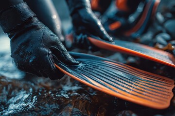 Professional diver arranges diving fins on the shore before exploring underwater scenery in a coastal location during sunrise