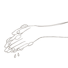 Simple line drawing of washing hands with soap