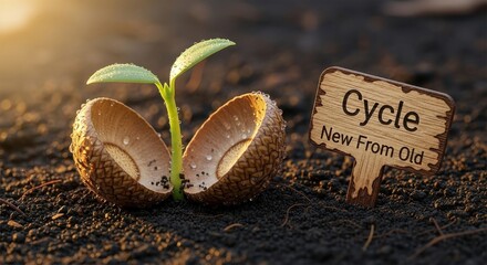 A young plant emerging from an acorn with new life