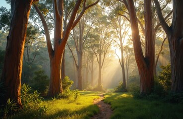 Morning sunrise in Australian bushland forest with tall eucalyptus trees. Warm golden sunbeams filter through misty woods onto peaceful dirt path. Tranquil landscape offers serene escape into