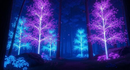 Obraz premium Magical Neon Glowing Trees Illuminate a Mystical Forest Pathway