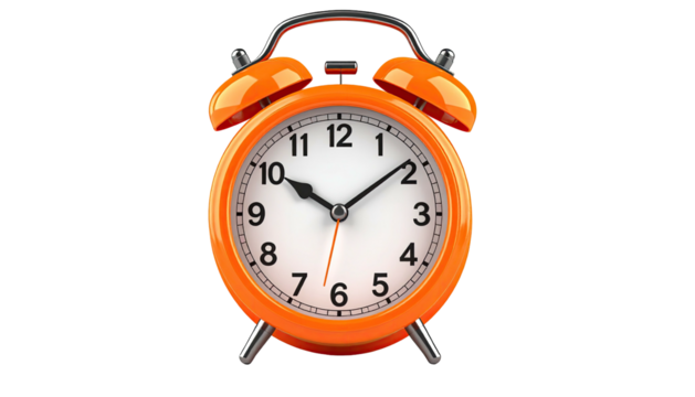 Shiny orange alarm clock displaying ten past two