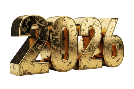 Golden 2026 new year number grungy design written isolated on white or transparent background