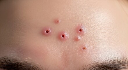 A closeup shows forehead skin with several redrimmed lesions possibly skin condition or infection