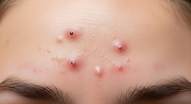A closeup shows a persons forehead covered in a variety of pimples and whiteheads framed by dark eyebrows