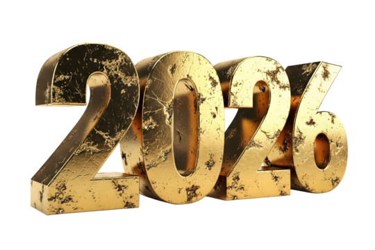 Golden 2026 new year number grungy design written isolated on white or transparent background