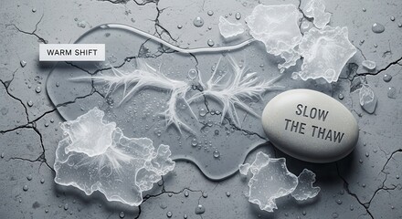 Close up of melted ice and water on cracked grey textured stone