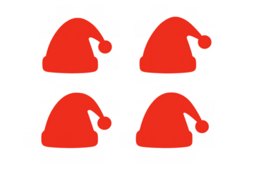 Four red santa hats array, celebrating christmas, winter holidays, and festive season, transparent background