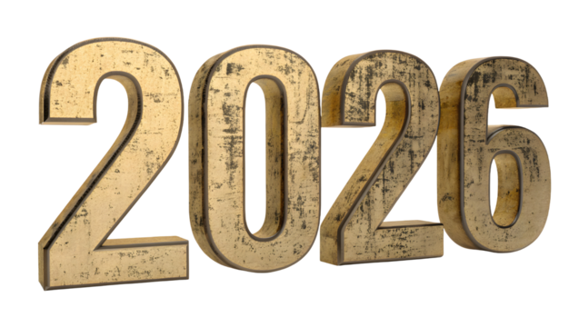 Golden 2026 new year number grungy design written isolated on white or transparent background