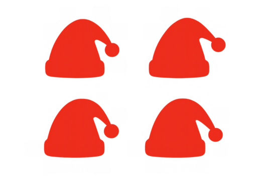 Four red santa hats array, celebrating christmas, winter holidays, and festive season, transparent background