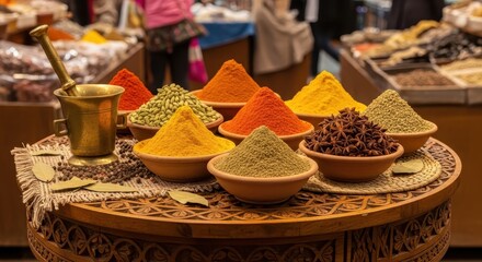 Colorful spice bowls displayed on a wooden table in a market