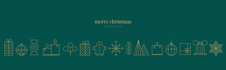 Festive decorative Christmas,  New year line element icons simple border. Winter holiday horizontal minimalist vector banner, card, poster.