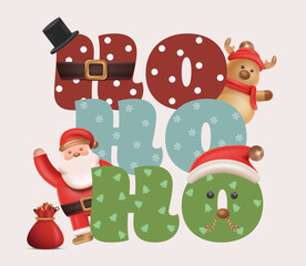 Cute “Ho Ho Ho” Christmas typography design with Santa Claus, gingerbread man, and decorative festive winter elements illustration. Christmas Poster Design Vector Illustration 