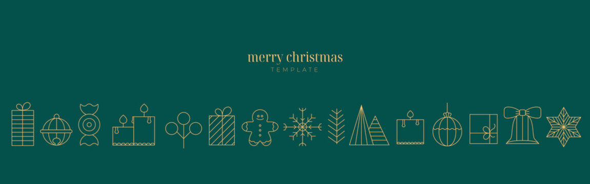 Festive decorative Christmas,  New year line element icons simple border. Winter holiday horizontal minimalist vector banner, card, poster.