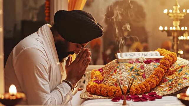 Sikh man praying in a gurdwara, with the guru granth sahib, the holy scripture, in front of him, surrounded by candles guru nanak jayanti