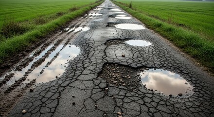 Damaged road with potholes and water reflecting the cloudy sky