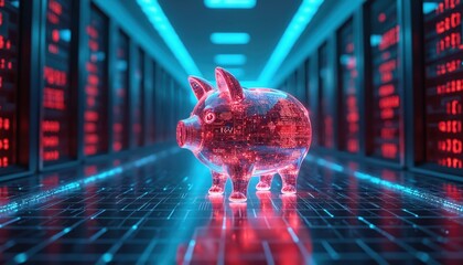 Digital piggy bank illuminated in server room. Financial tech concept visualizes future of investments. Illustration shows wealth security savings and online banking system.