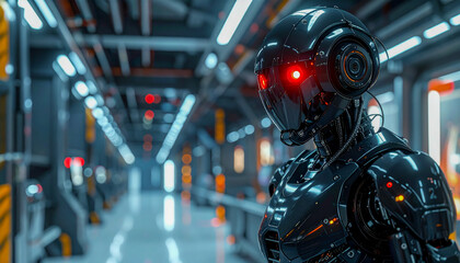 Fototapeta premium Black security robot with glowing red eyes patrolling corridor