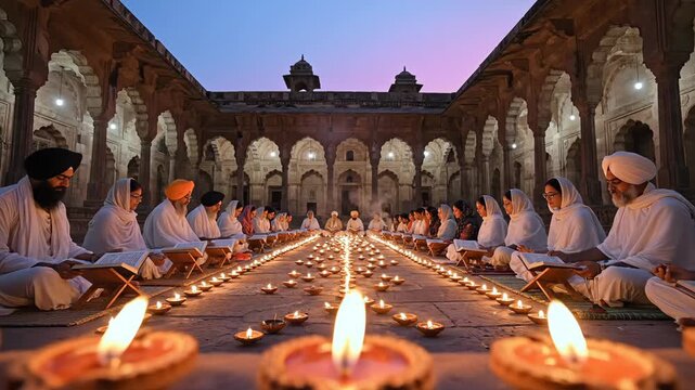 Sikhs praying in gurdwara with candles at dusk, showcasing religious devotion and cultural tradition in india guru nanak jayanti