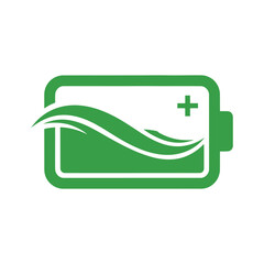 Green battery icon with a plus sign and wave symbol, vector art, symbolic Logo