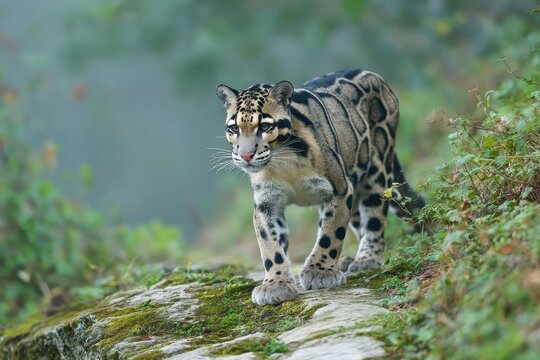 Clouded leopard Neofelis nebulosa gracefully navigates rocky terrain in the Himalayan foothills during early morning hours, showcasing its stunning coat and keen expression