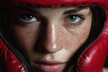 Young woman boxer in red protective headgear showing determination and focus during training session at an indoor gym in the evening