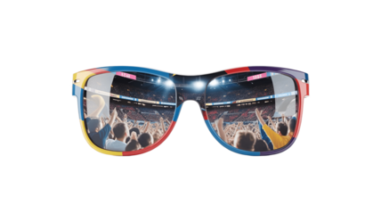Stylish colorful sunglasses reflecting a vibrant stadium scene.