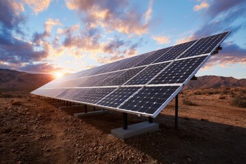Solar power station with solar panels under sunset sky in desert landscape promoting renewable energy initiatives
