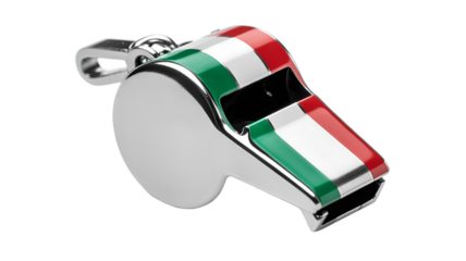 Shiny, metallic whistle with red, white, and green stripes.