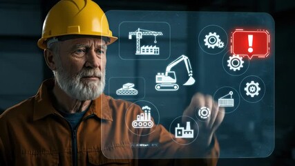 Construction worker interacting with virtual screen, touching gear icon for problem concept, then question mark and exclamation mark appears, motion graphics - Powered by Adobe